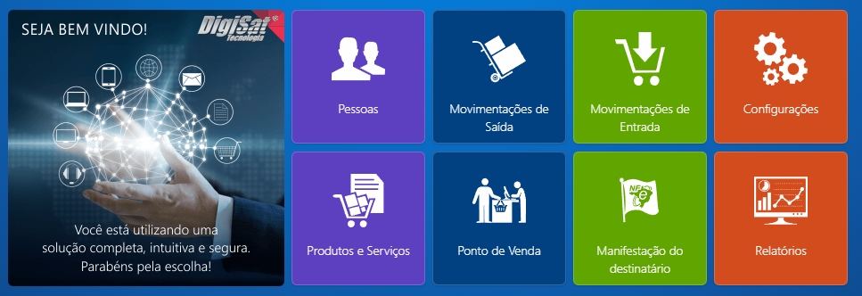 Painel do sistema DigiSatWeb — versão demonstrativa com Pessoas, Movimentações, PDV e Relatórios